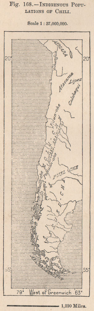 Indigenous populations of Chile. Chile 1885 old antique vintage map plan chart